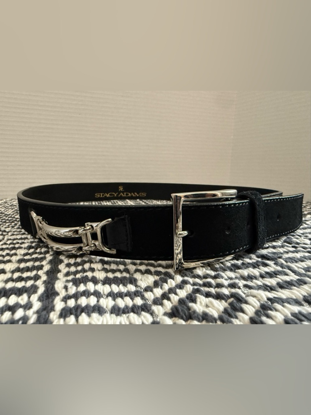 STACY ADAMS Black Grain Leather Belt with Silver Buckle Chain Accent